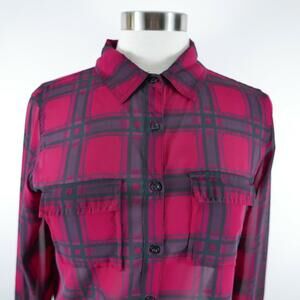 Buffalo David Bitton Womens Sheer Button Up Red Purple Black Plaid Blouse M